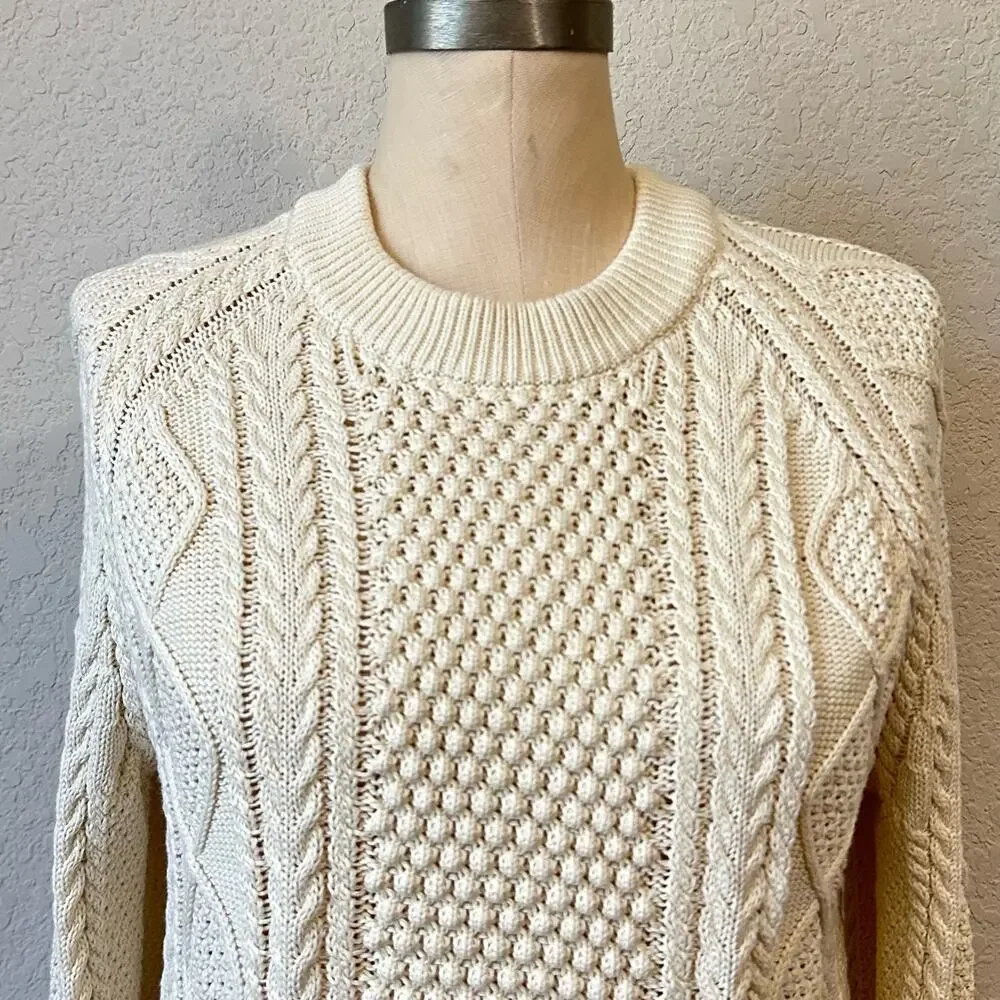 J.CREW Sweater Cream Crew Neck Pullover Cotton Cable Knit Fisherman